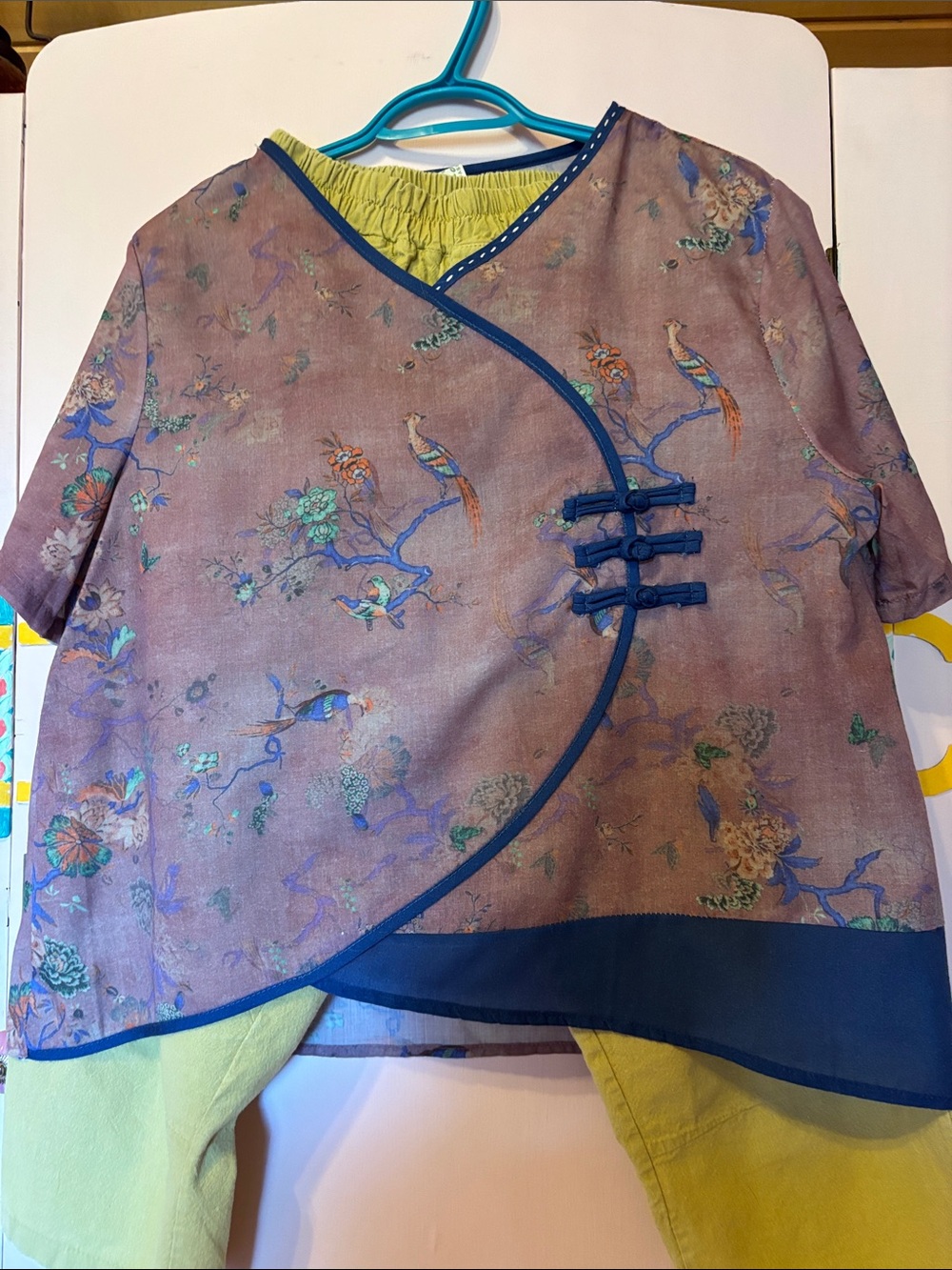 Women's Lavender Floral Wrap Blouse with Blue Trim